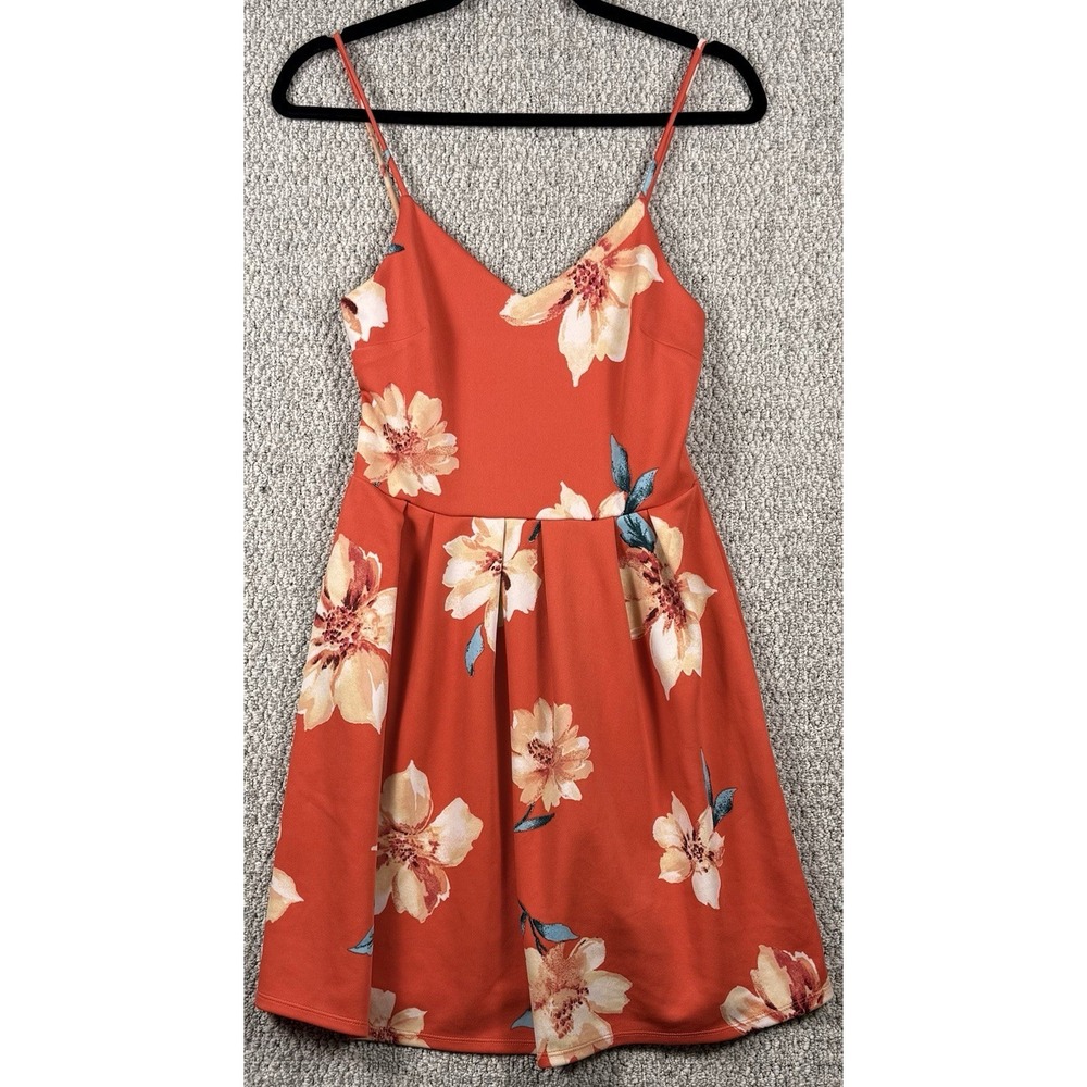 Monteau LA Floral Mini Dress M Orange Fit Flare Summer Spaghetti Strap